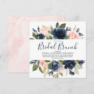 Pink & Navy Blue Watercolor Flowers Bridal Shower Invitation
