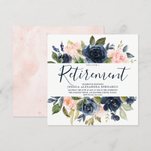 Pink Navy Blue Watercolor Flowers Retirement Party Invitation