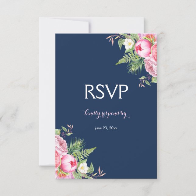Pink Navy Blue Watercolor Flowers RSVP (Front)