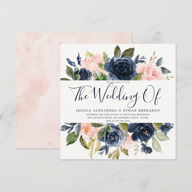 Pink & Navy Blue Watercolor Flowers Wedding Invitation (Front/Back)