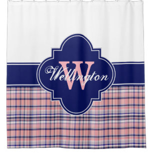 Pink Navy Blue White Madras Plaid 1ICBR Name Shower Curtain