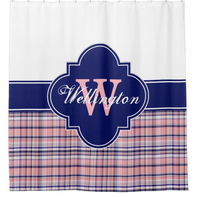 Pink Navy Blue White Madras Plaid 1ICBR Name Shower Curtain (Front)