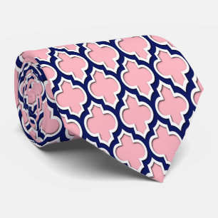 Pink, Navy Blue White Moroccan Quatrefoil #4DS Tie
