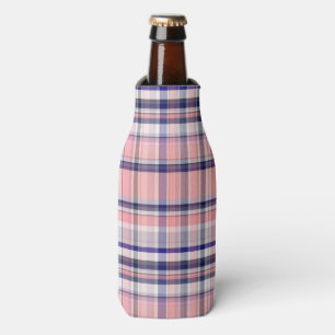Pink Navy Blue White Preppy Madras Plaid Bottle Cooler