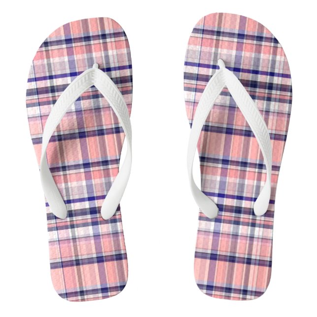 Pink Navy Blue White Preppy Madras Plaid Flip Flops (Footbed)