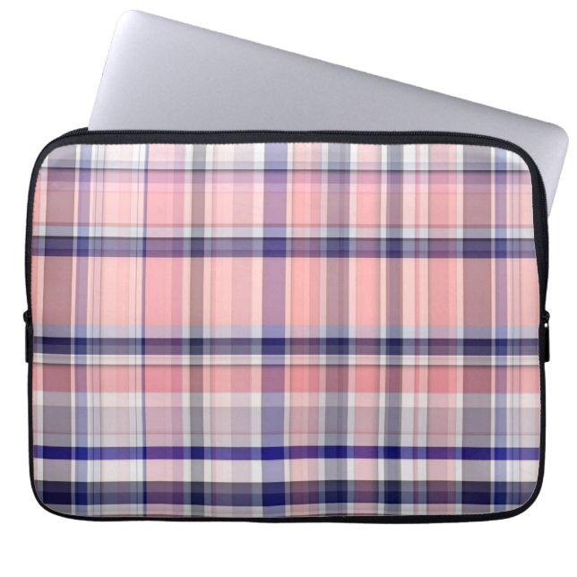 Pink Navy Blue White Preppy Madras Plaid Laptop Sleeve (Front)