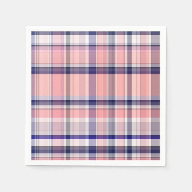 Pink Navy Blue White Preppy Madras Plaid Napkin (Front)