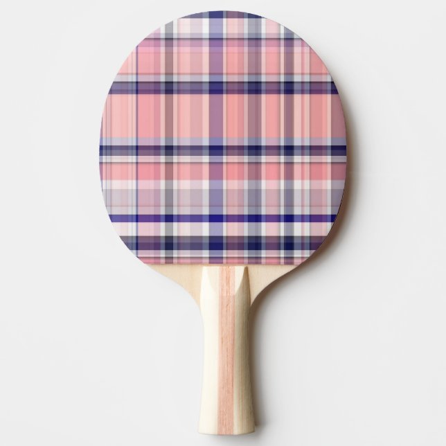 Pink Navy Blue White Preppy Madras Plaid Ping Pong Paddle (Front)