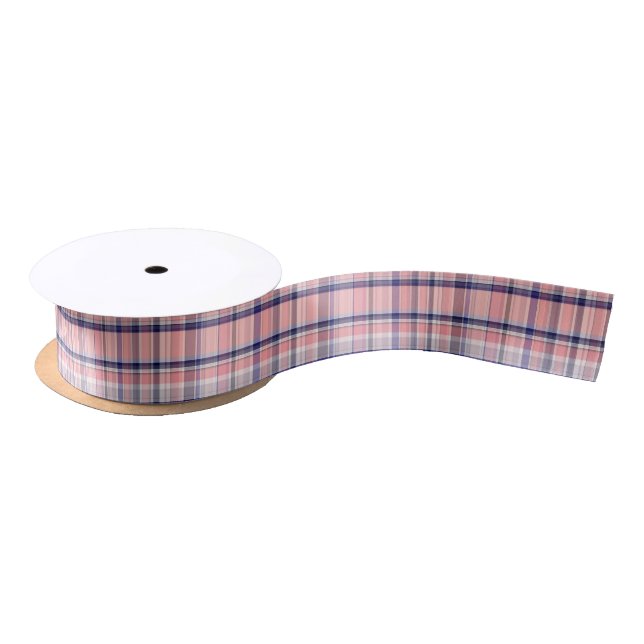 Pink Navy Blue White Preppy Madras Plaid Satin Ribbon (Spool)