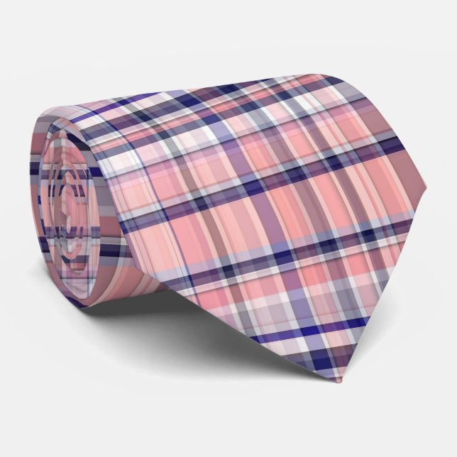 Pink Navy Blue White Preppy Madras Plaid Tie (Rolled)