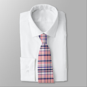 Pink Navy Blue White Preppy Madras Plaid Tie