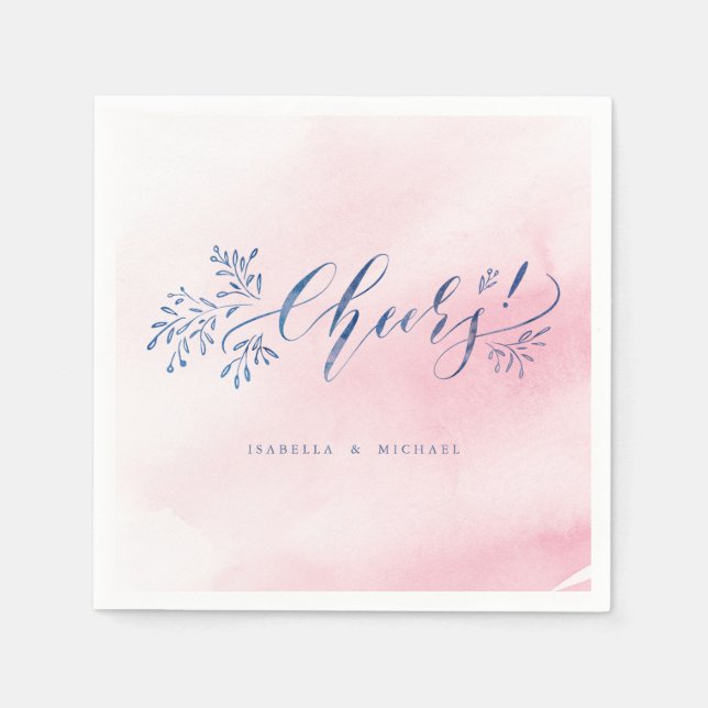 Pink navy calligraphy cheers rustic floral wedding napkin (Front)