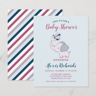 Pink & Navy Cute Elephant Themed Baby Shower Invitation