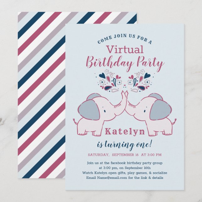 Pink & Navy Cute Elephant Virtual Birthday Party Invitation (Front/Back)