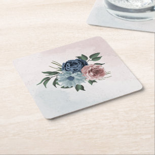 pink navy dusty blue floral greenery square paper coaster