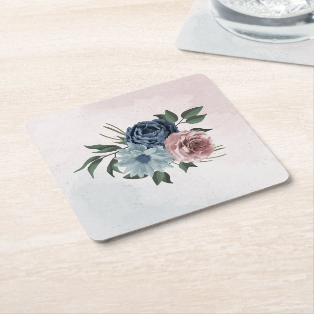 pink navy dusty blue floral greenery square paper coaster (Angled)