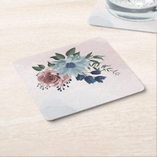 pink navy dusty blue floral greenery square paper coaster