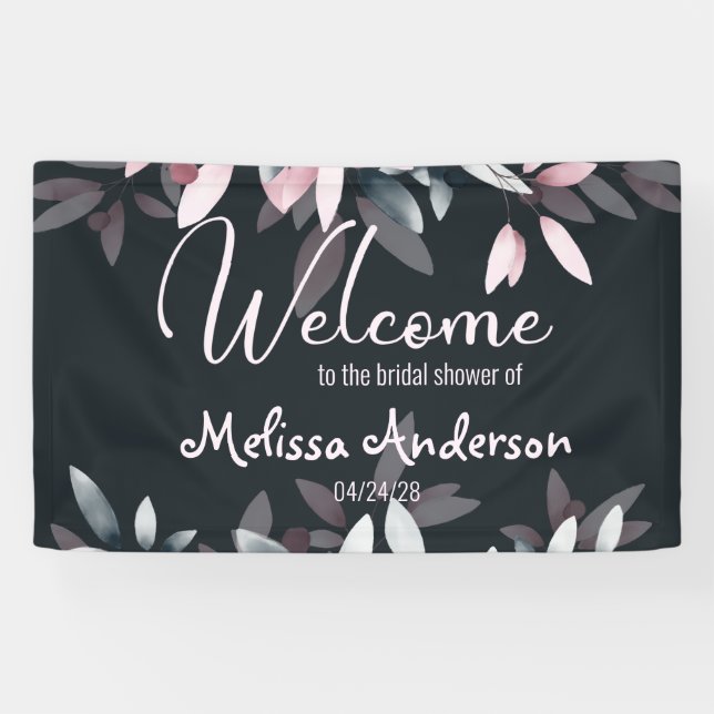 Pink Navy Elegant Soft Watercolor Floral Bridal Banner (Horizontal)