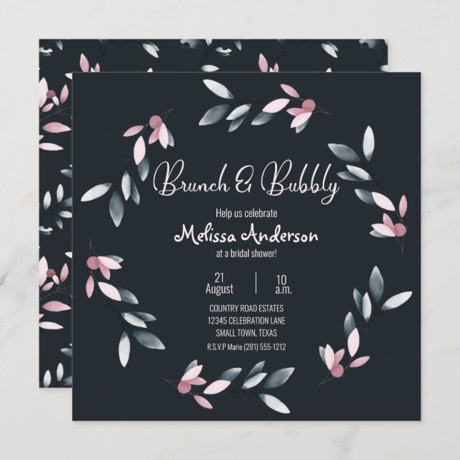 Pink Navy Elegant Soft Watercolor Floral Bridal Invitation (Front/Back)