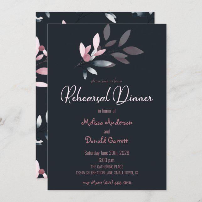 Pink Navy Elegant Soft Watercolor Rehearsal Dinner (Front/Back)