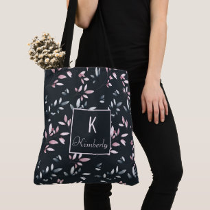 Pink Navy Elegant Trendy Initial Name Monogram Tote Bag