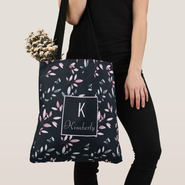Pink Navy Elegant Trendy Initial Name Monogram Tote Bag (Close Up)