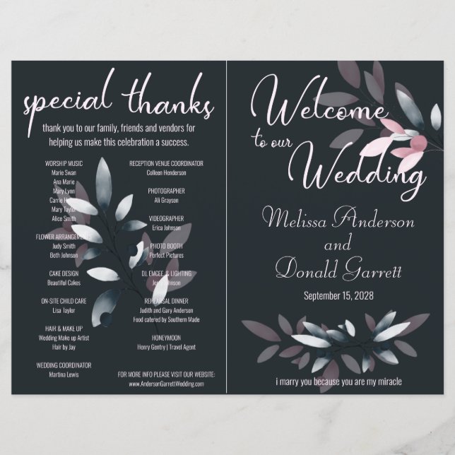 Pink Navy Elegant Watercolor Folded Full Program (Front)
