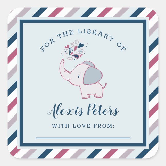 Pink & Navy Elephant Baby Shower Library Bookplate Square Sticker (Front)