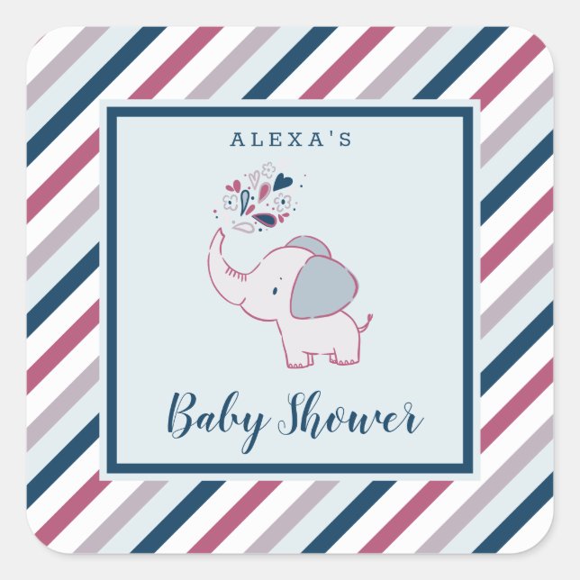 Pink & Navy Elephant & Stripes Baby Shower Favour Square Sticker (Front)