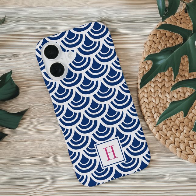 Pink & Navy Fishscale Pattern Monogram iPhone 16 Case (Creator Uploaded)