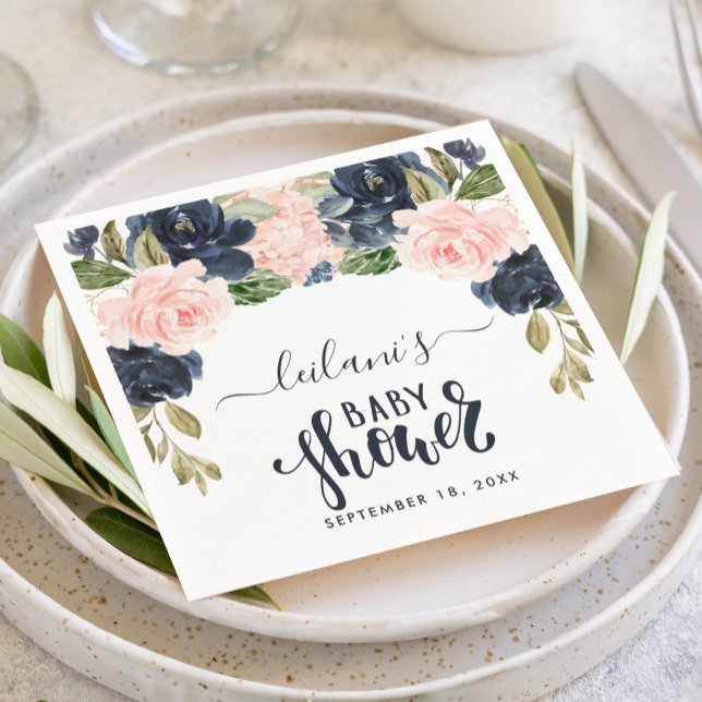 Pink Navy Floral Arch Watercolor Baby Shower  Napkin (Floral botanical arch with a blush pink and navy blue baby shower napkin for an elegant design.)