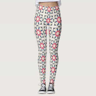 Pink Navy Floral Geometric Pattern Leggings