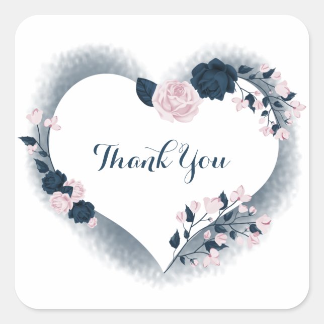 pink & navy floral heart thank you  square sticker (Front)