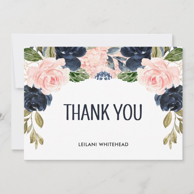 Pink Navy Floral Watercolor Baby Shower Thank You (Front)