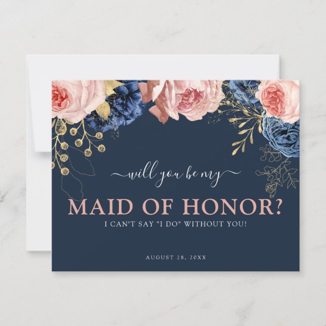 Pink & Navy Floral | Will You Be My Maid of Honour (Front)