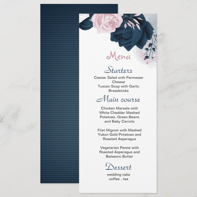 pink & navy flowers beautiful wedding  menu (Front/Back)