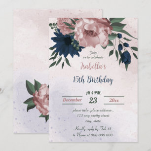 pink & navy flowers botanical birthday  invitation