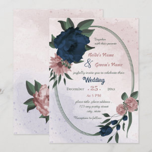 pink & navy flowers botanical geometric wedding invitation