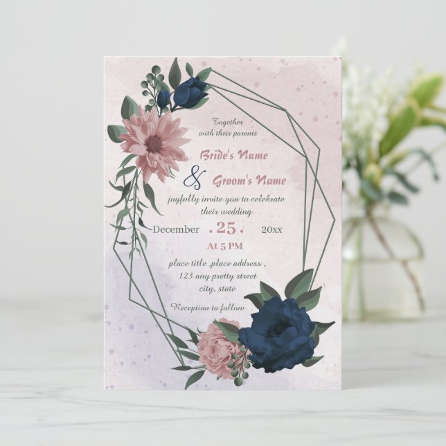 pink & navy flowers botanical geometric wedding  invitation (Standing Front)