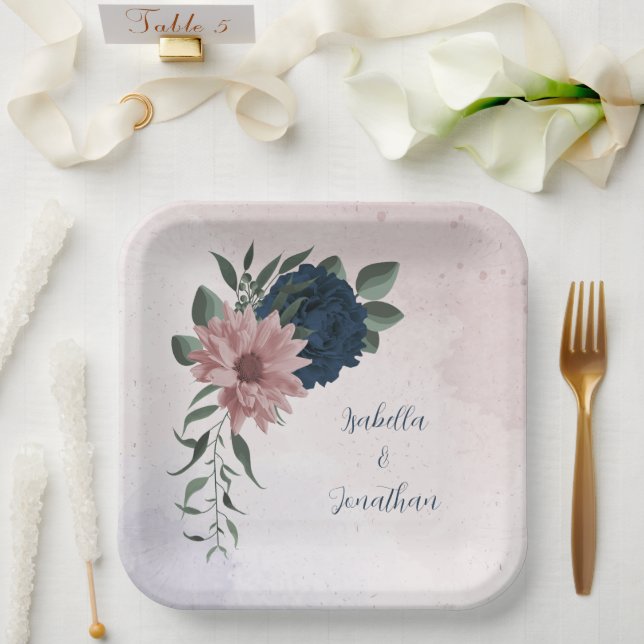pink & navy flowers botanical paper plate (Wedding)