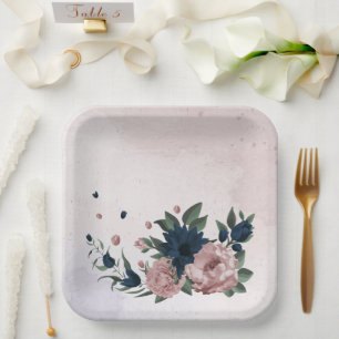 pink & navy flowers botanical paper plate
