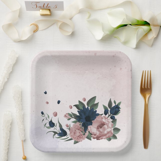 pink & navy flowers botanical paper plate (Wedding)