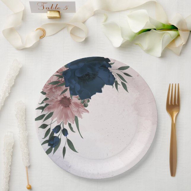 pink & navy flowers botanical paper plate (Wedding)