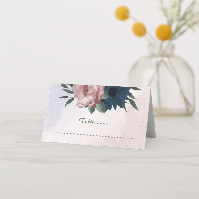 pink & navy flowers botanical  place card (Front)