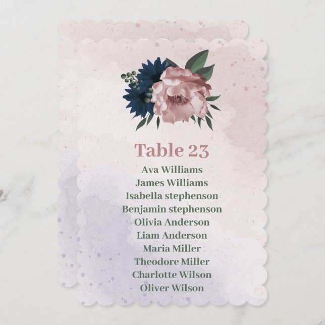 pink & navy flowers botanical seating chart card (Front/Back)