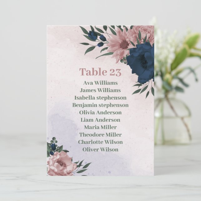 pink & navy flowers botanical seating chart card (Standing Front)