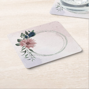 pink & navy flowers botanical square paper coaster