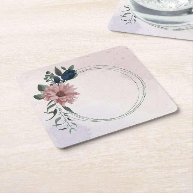 pink & navy flowers botanical square paper coaster (Angled)