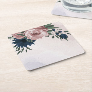 pink & navy flowers botanical square paper coaster