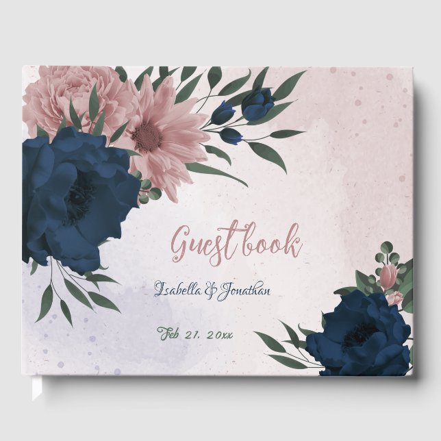 pink & navy flowers botanical wedding guest book (Front)